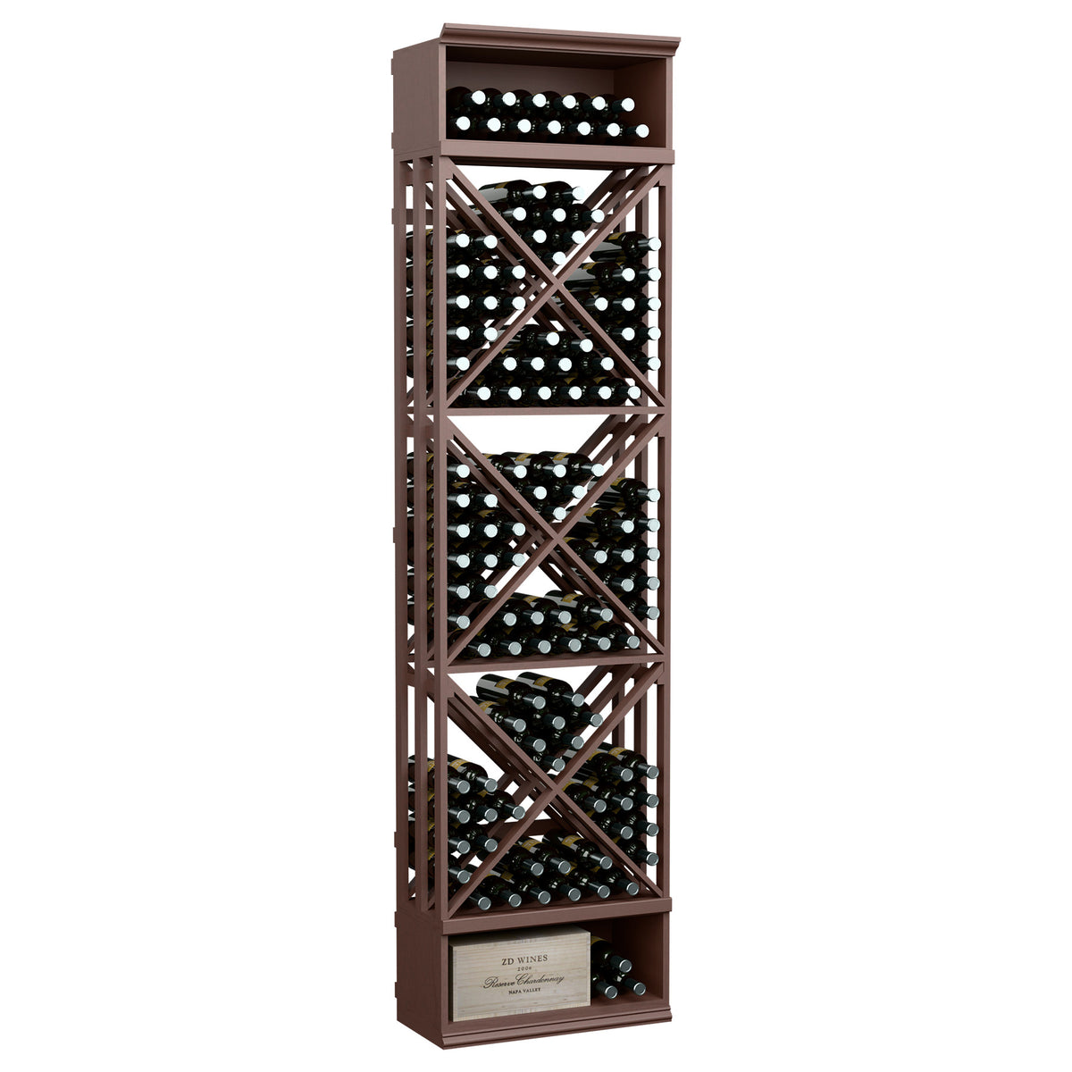 Tall wine bottle storage rack with dark brown lattice frame and X-cross shelves
