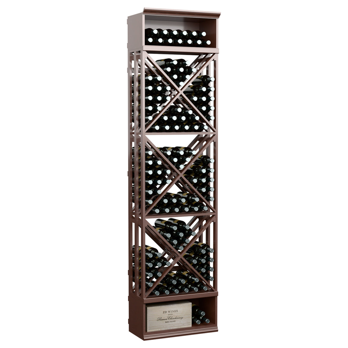 Dark brown lattice wine rack with open X-braced cubby shelves for bottles