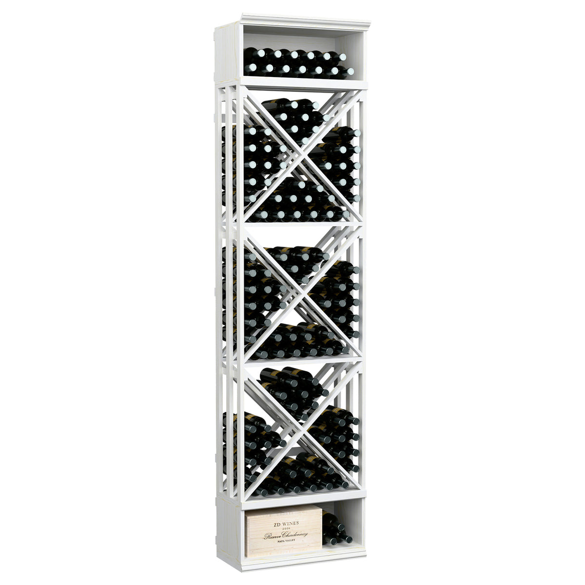 White wine bottle storage rack with lattice sides and X-braced cubby shelves