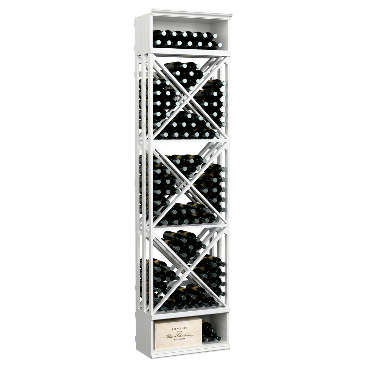 White wooden lattice wine rack with cross-braced shelves and bottle cubbies