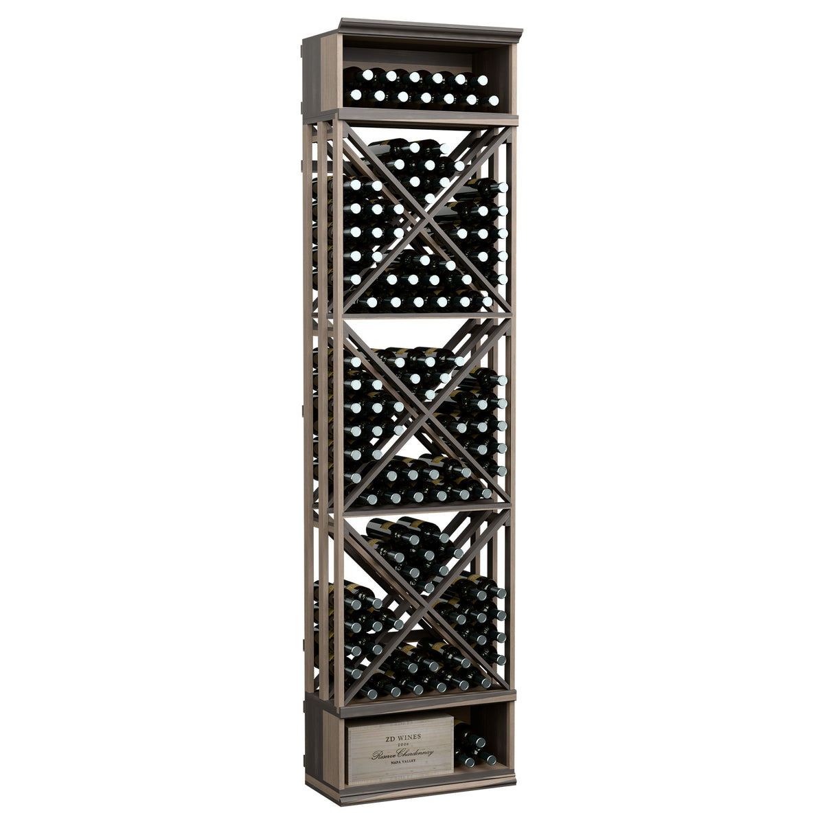 Wine storage rack with lattice cube shelves, holds wine bottles, dark espresso finish