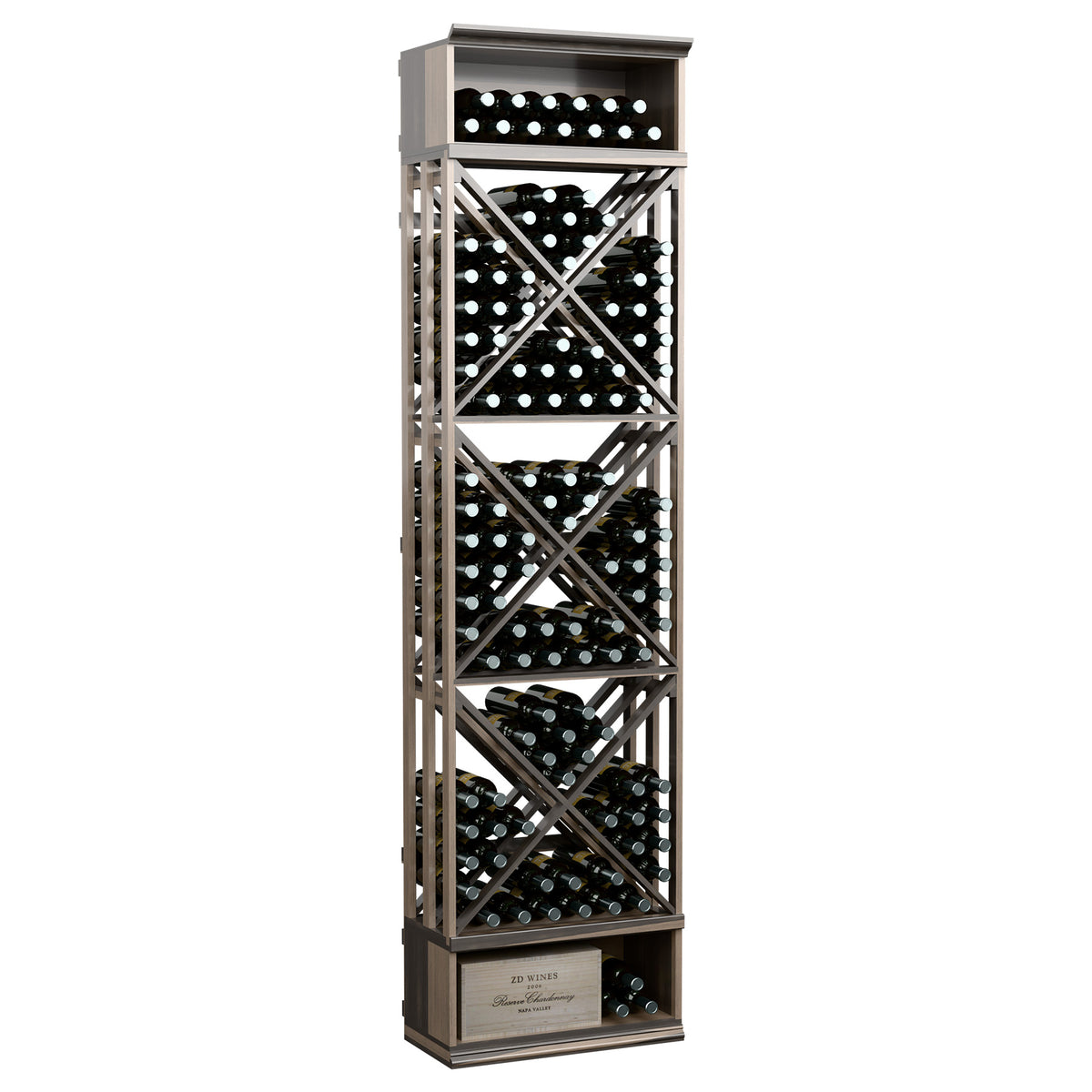 Wine storage rack with lattice cube shelves, holds wine bottles, charcoal grey finish