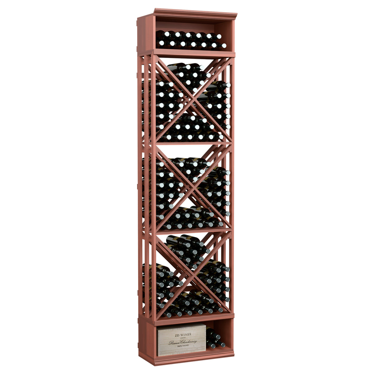 Wine storage rack with lattice cube shelves, holds wine bottles, warm redwood finish