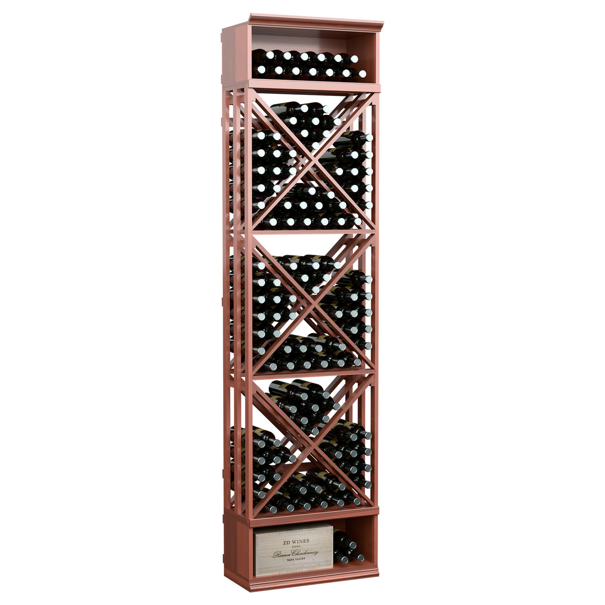 Wine storage rack with lattice cube shelves, holds wine bottles, muted reddish finish