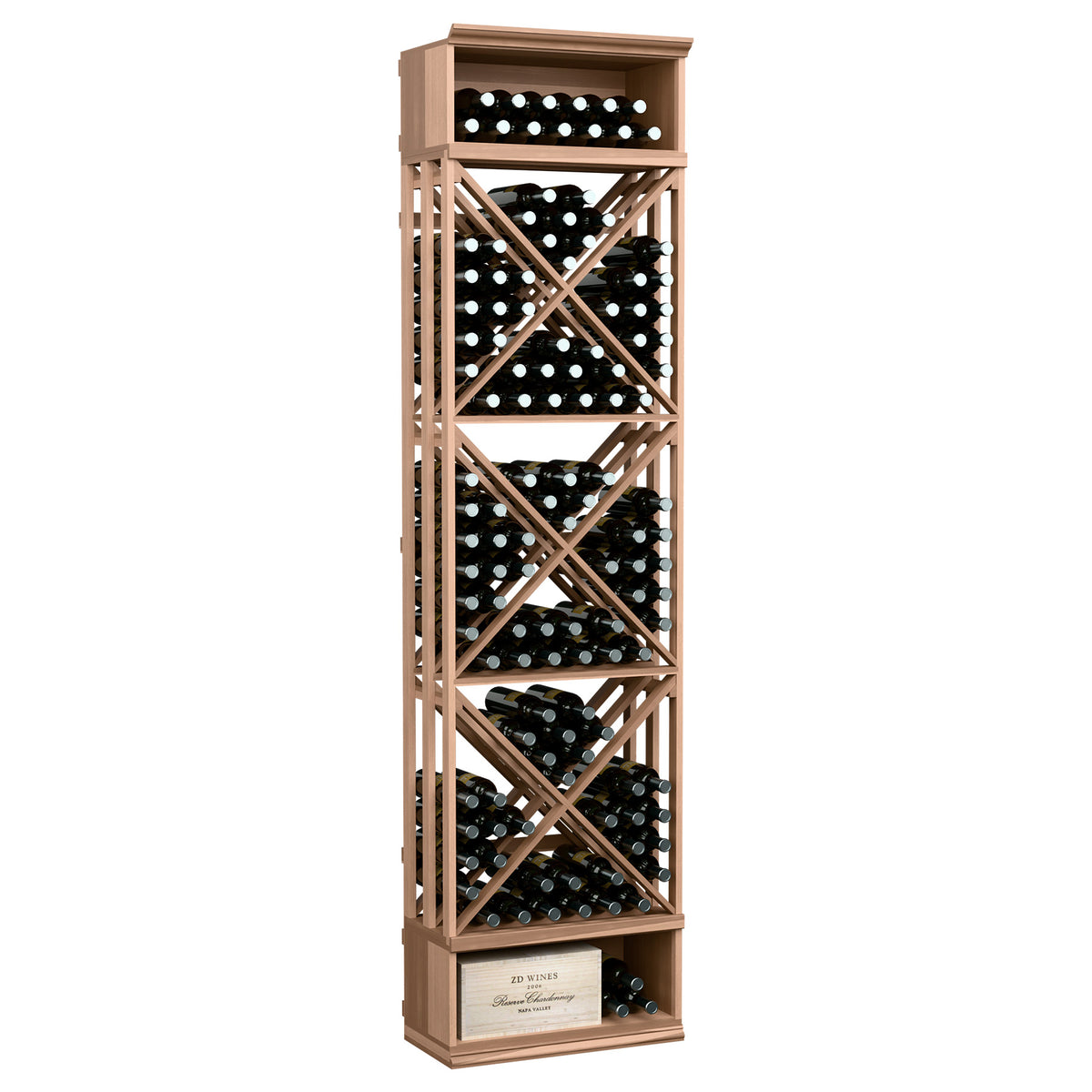 Wine storage rack with lattice cube shelves, holds wine bottles, light pine finish