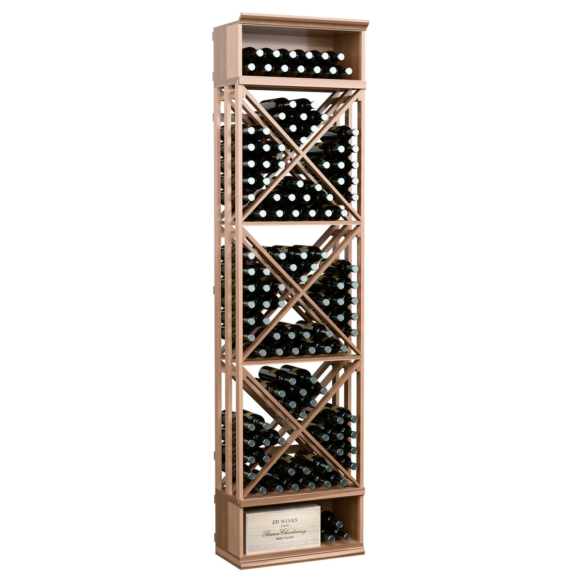 Wine storage rack with lattice cube shelves, holds wine bottles, pale natural finish