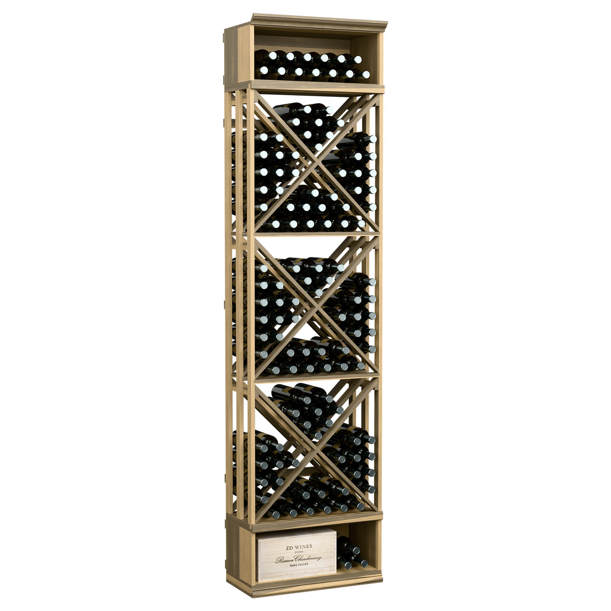 Wine storage rack with lattice cube shelves, holds wine bottles, natural light wood finish