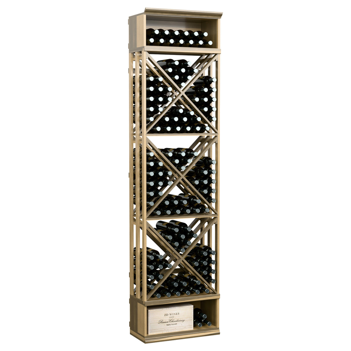 Wine storage rack with lattice cube shelves, holds wine bottles, light wheat finish