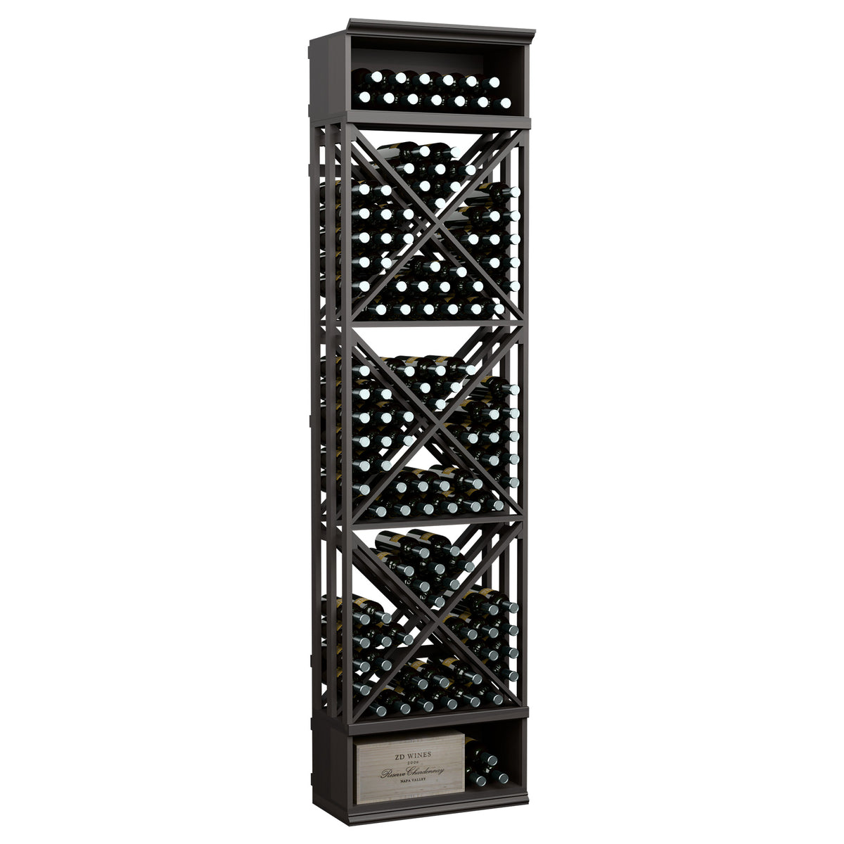 Wine storage rack with lattice cube shelves, holds wine bottles, dark black finish