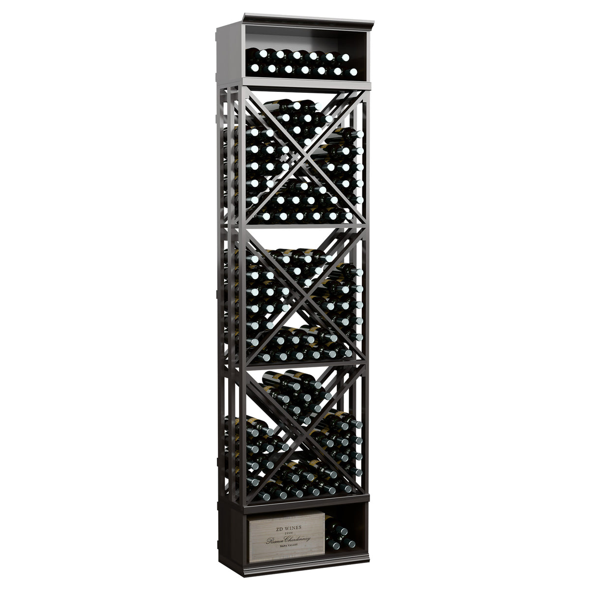 Wine storage rack with lattice cube shelves, holds wine bottles, grey charcoal finish