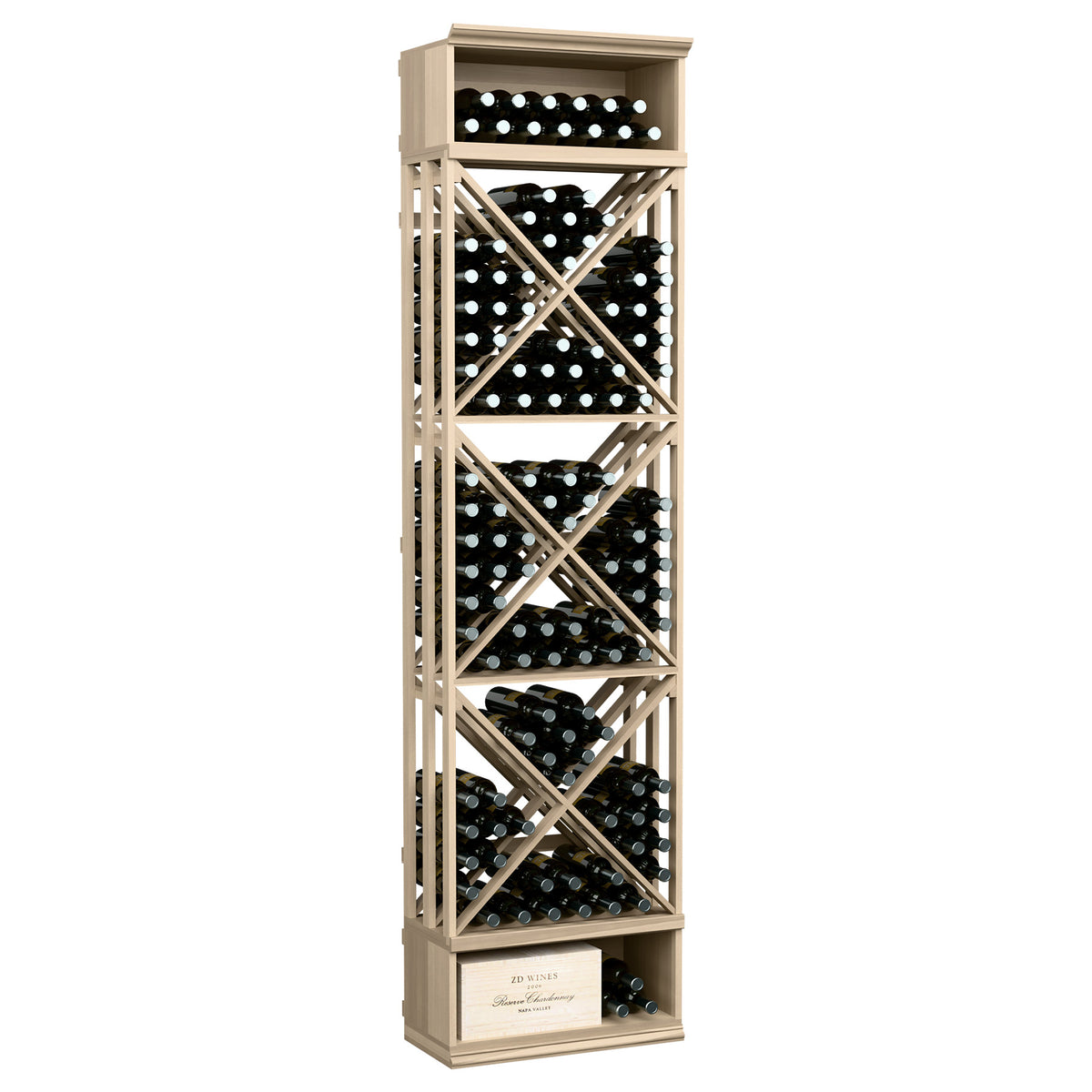 Light wood wine bottle rack with X-lattice cubbies, holds multiple bottles