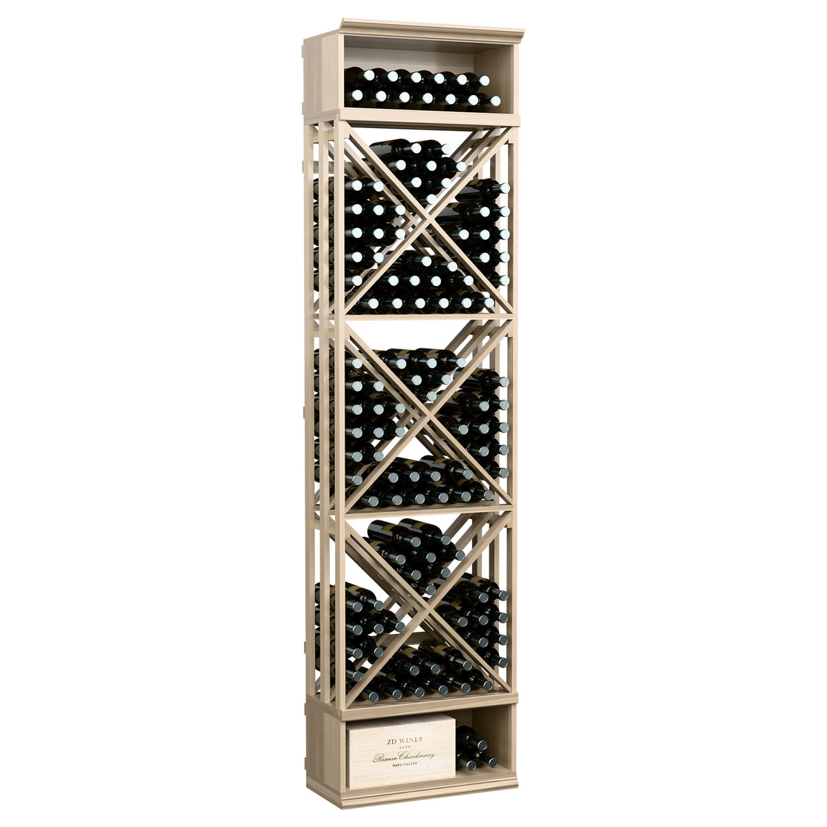 Tall light wood wine storage rack with lattice X cross braces and bottle cubbies