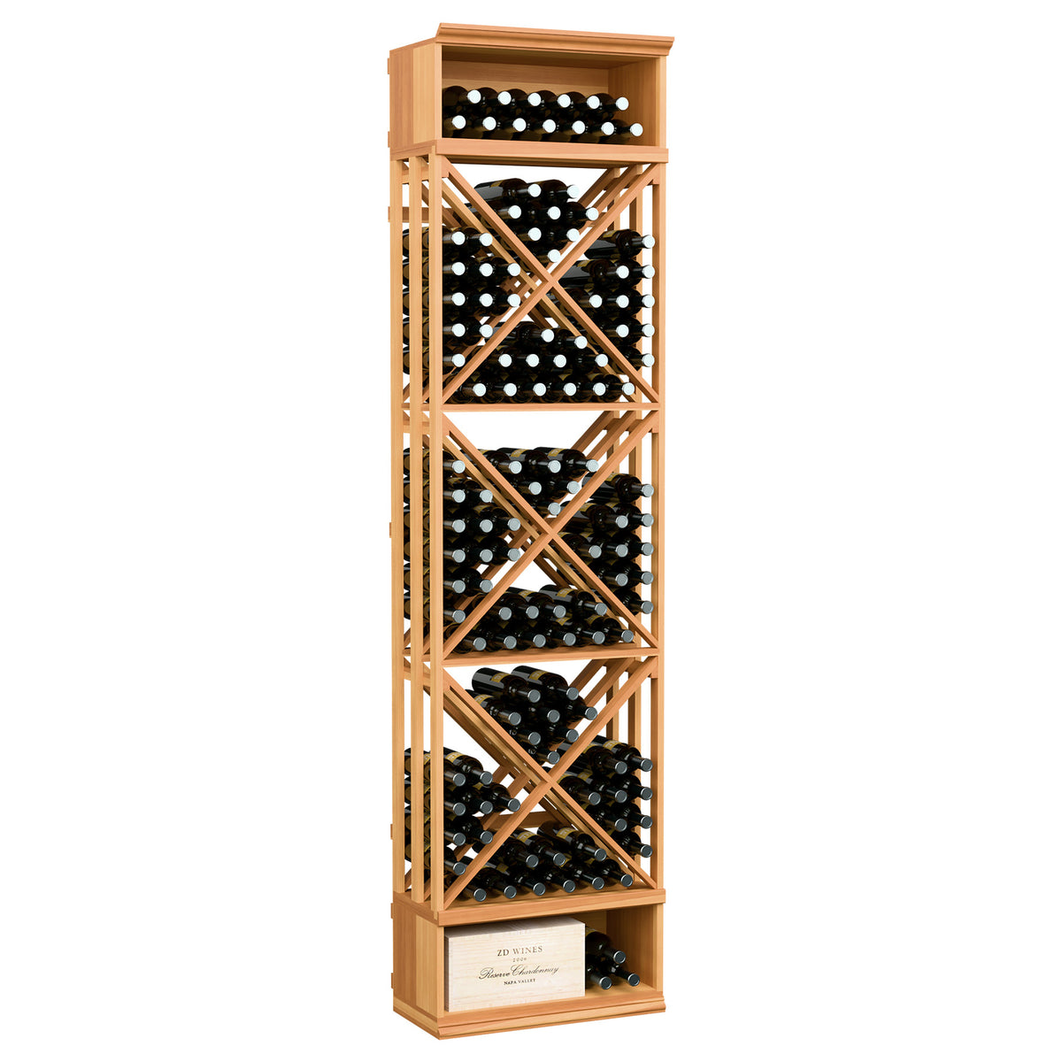 Warm wood wine bottle storage rack with X-lattice cubbies and front wine bottle rows
