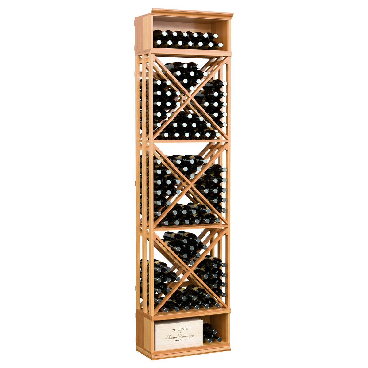 Warm-toned wood wine rack with X-shaped lattice shelves holding multiple bottles