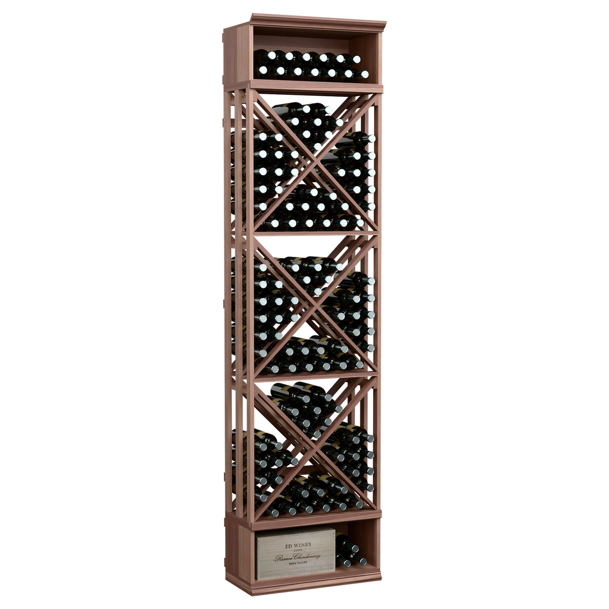 Dark wood wine bottle storage rack with X-lattice cubbies and multiple bottle slots