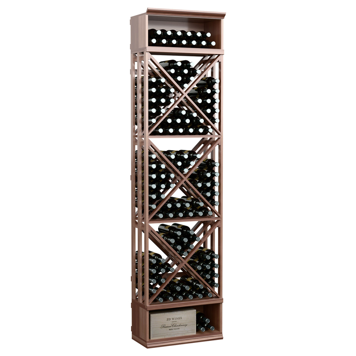 Deep-toned wood wine rack with lattice X cross bracing and bottle cubby compartments