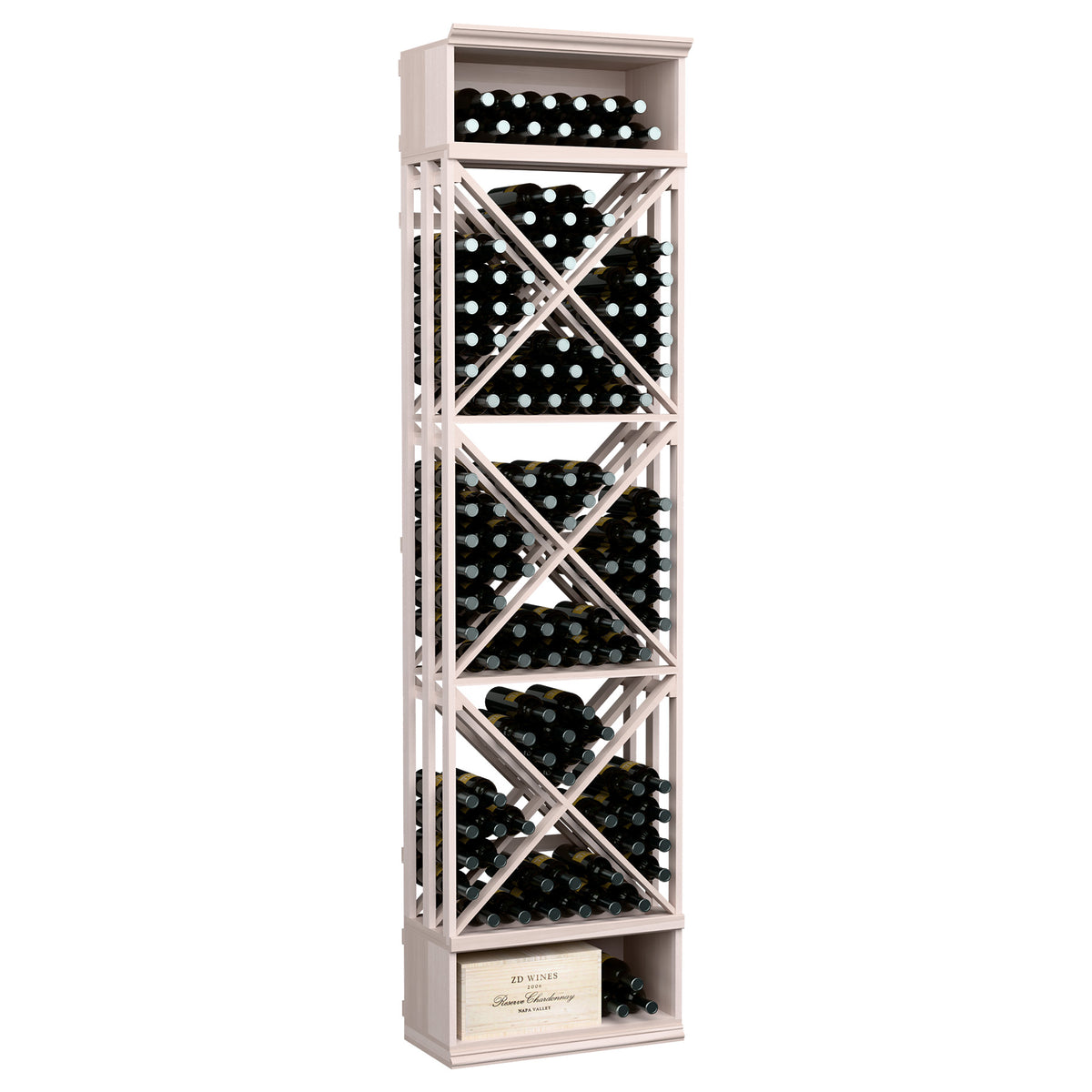 Whitewashed wood wine bottle rack with X-lattice cubbies and bottle storage rows