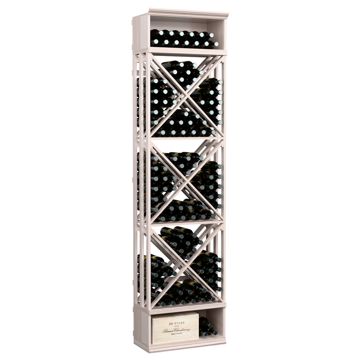 White-toned wood wine storage rack with lattice X pattern and multiple bottle compartments