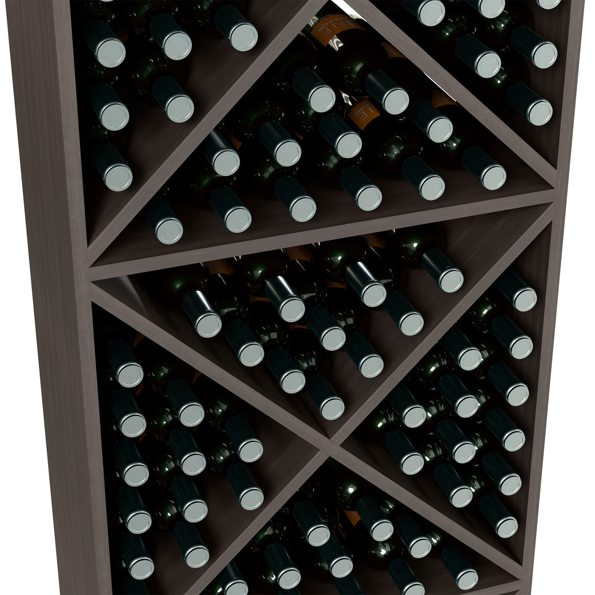 Wine bottle storage rack interior, dark gray wood with crisscross compartments of bottles