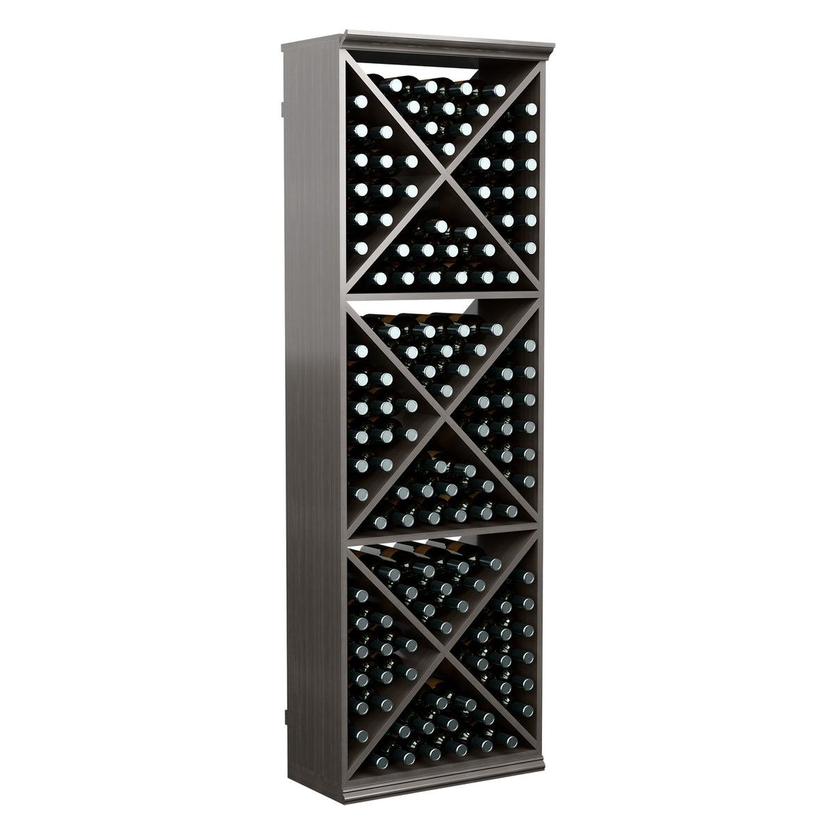 Wine bottle storage rack, dark gray frame with X pattern shelves and filled bottles