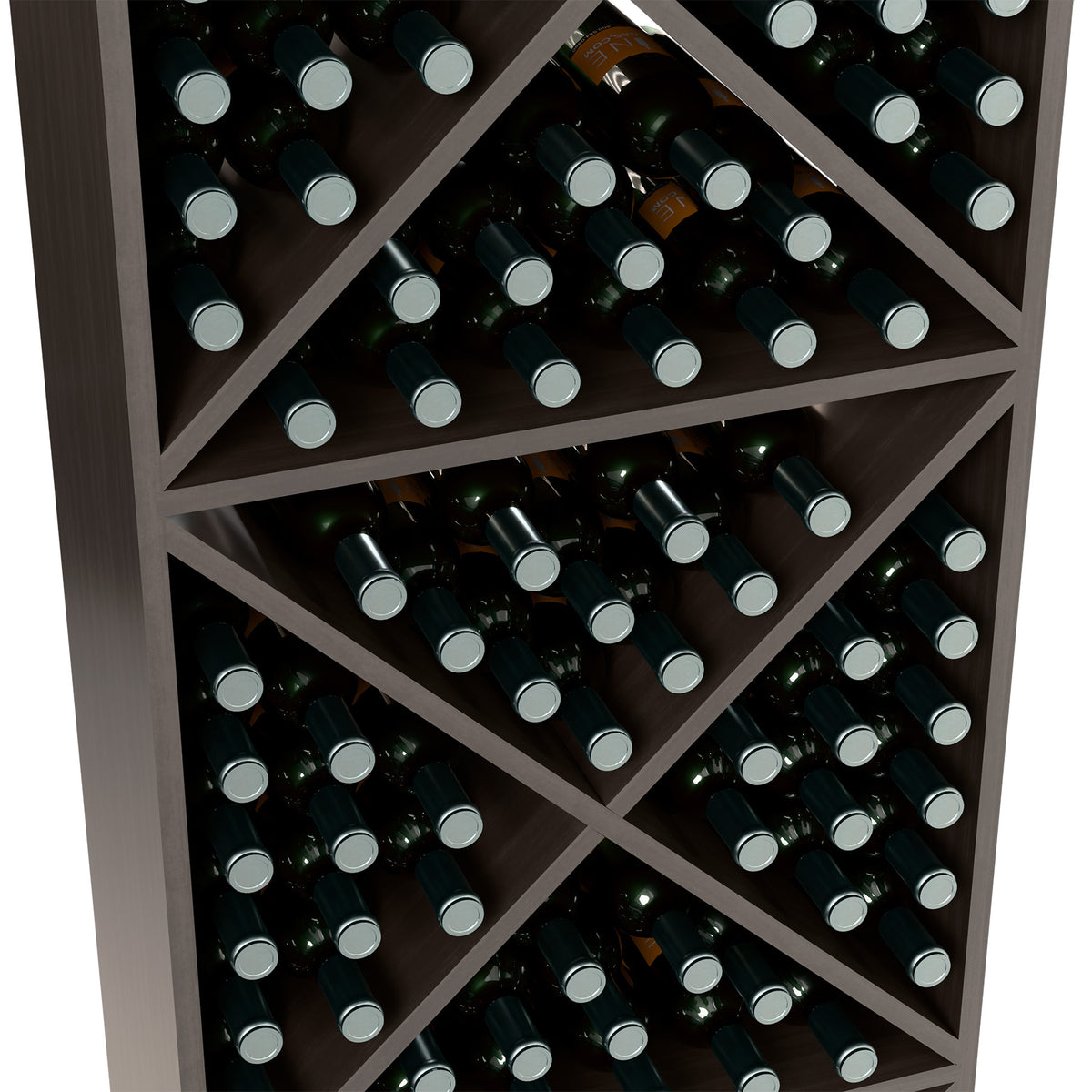 Wine bottle storage rack interior view, dark gray crisscross shelves holding bottles