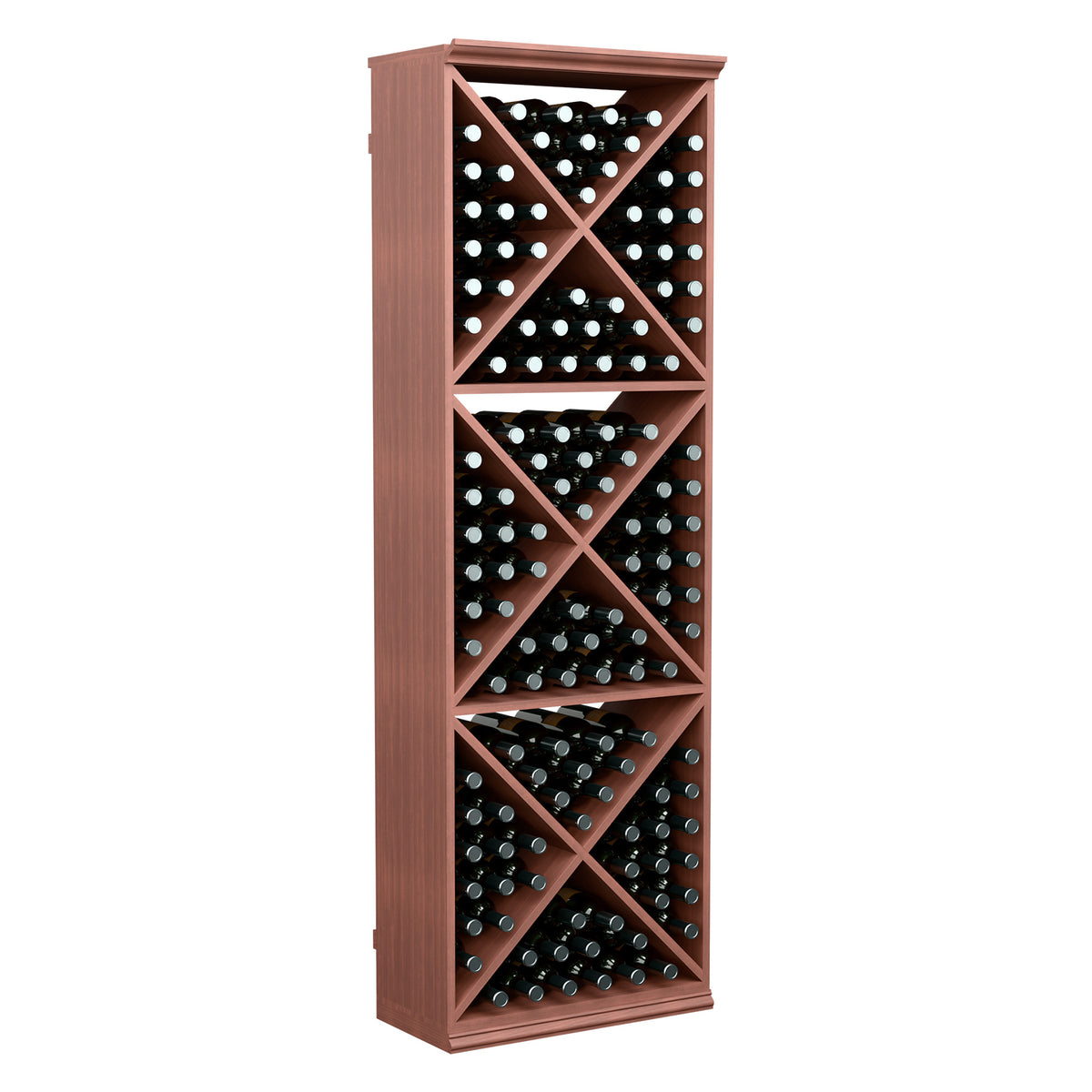 Wine bottle storage rack, reddish wood frame with X crisscross shelves and bottles