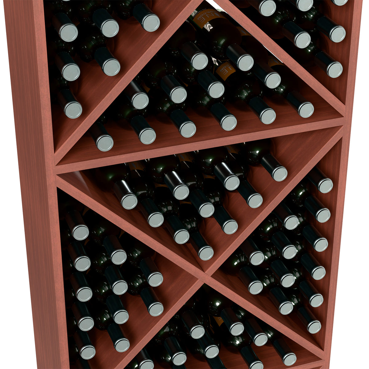 Wine bottle storage rack interior, reddish wood with crisscross compartments of bottles