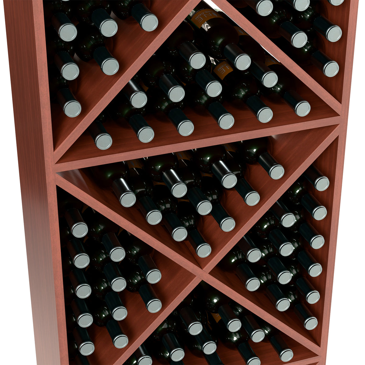 Wine bottle storage rack interior view, reddish crisscross shelves holding wine bottles