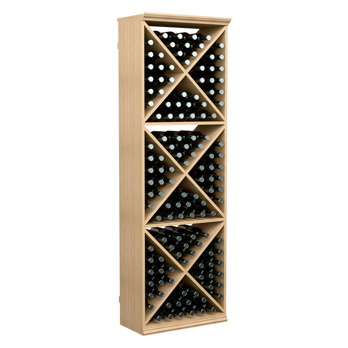 Wine bottle storage rack, light wood frame with X crisscross shelves and bottles