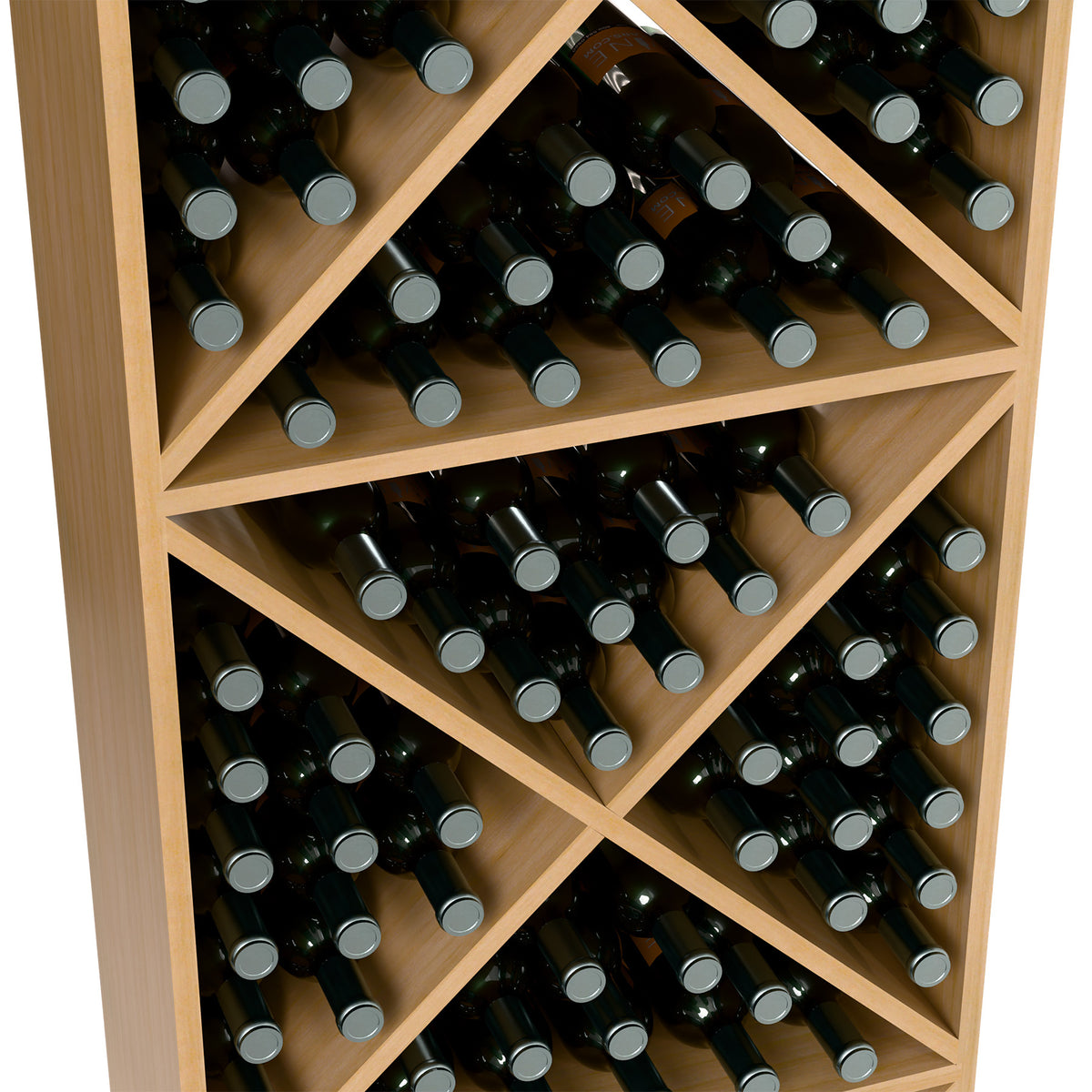 Light wood X-cube wine rack close-up showing diamond bottle slots and crisscross dividers