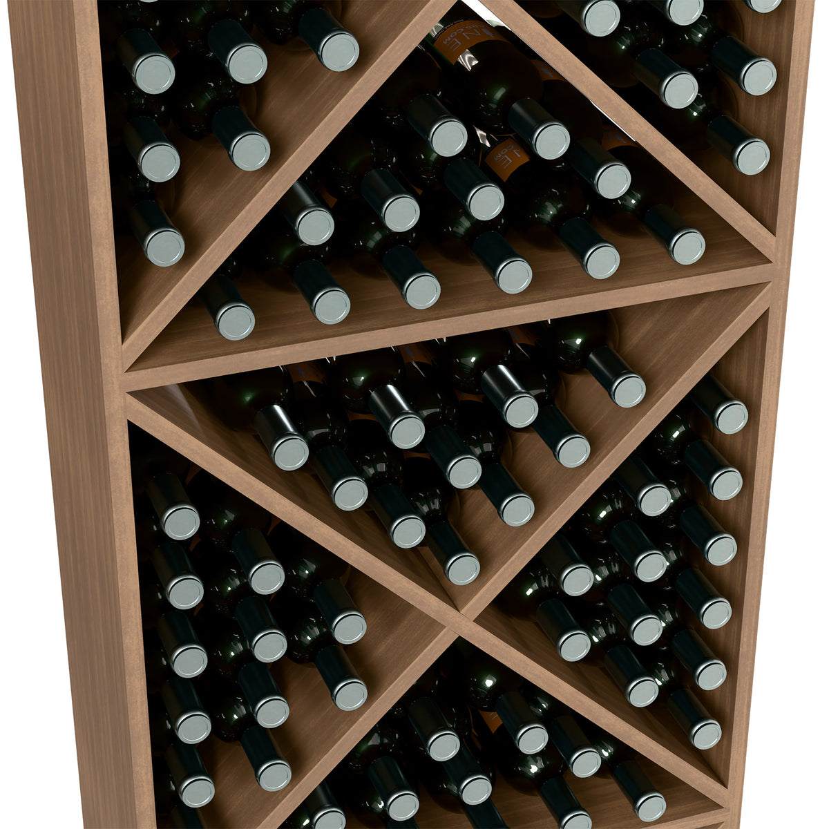 Light wood X-cube wine rack close-up with crisscross dividers holding bottles
