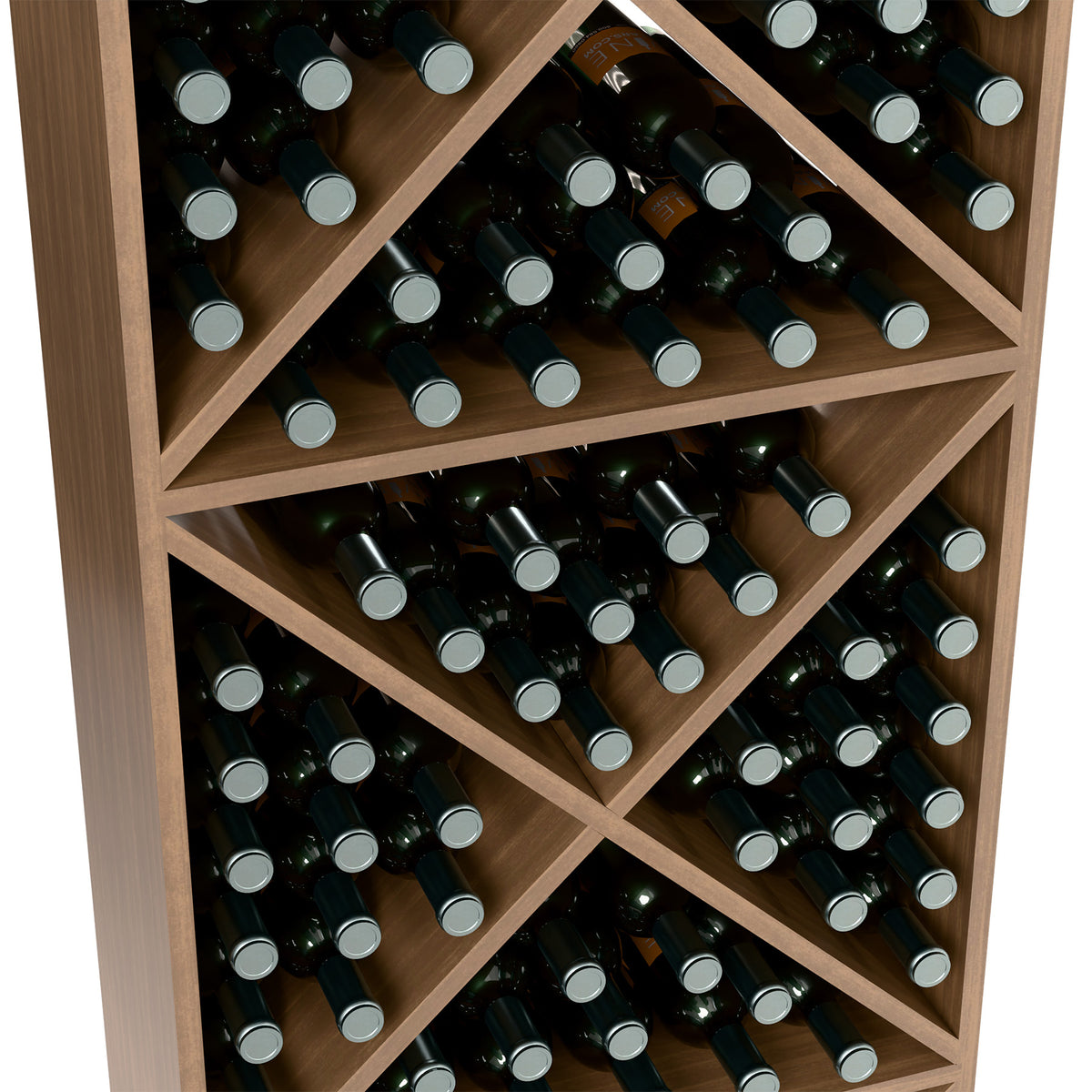 Medium light wood X-cube wine rack close-up with diagonal crisscross bottle storage