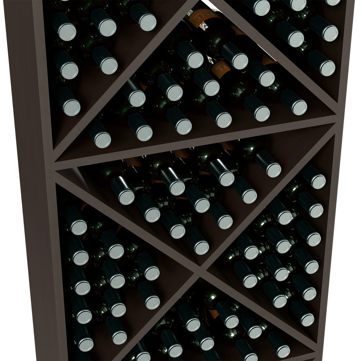 Dark wood X-cube wine rack close-up showing diagonal bottle slots and dividers