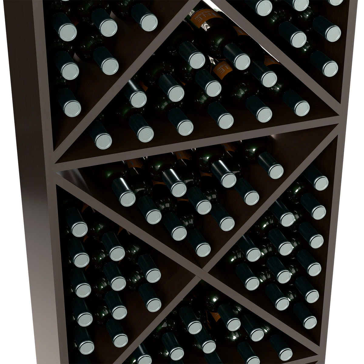 Dark wood X-cube wine rack close-up with crisscross dividers and capped bottles