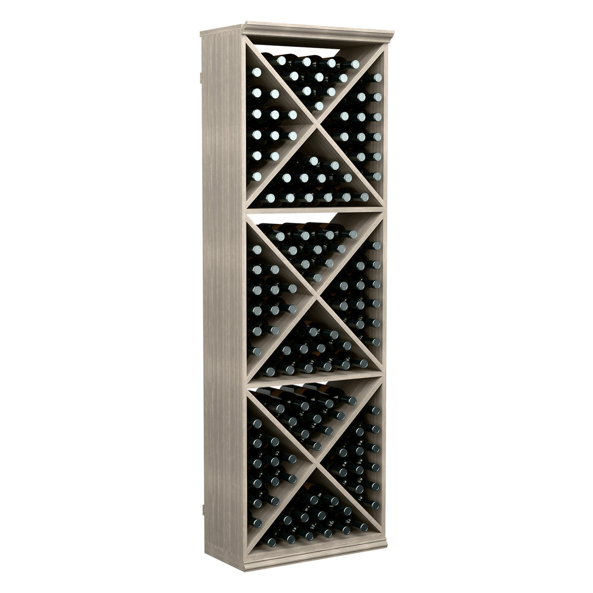 Wine bottle storage rack with crisscross dividers, holding dark bottles; light gray wood.