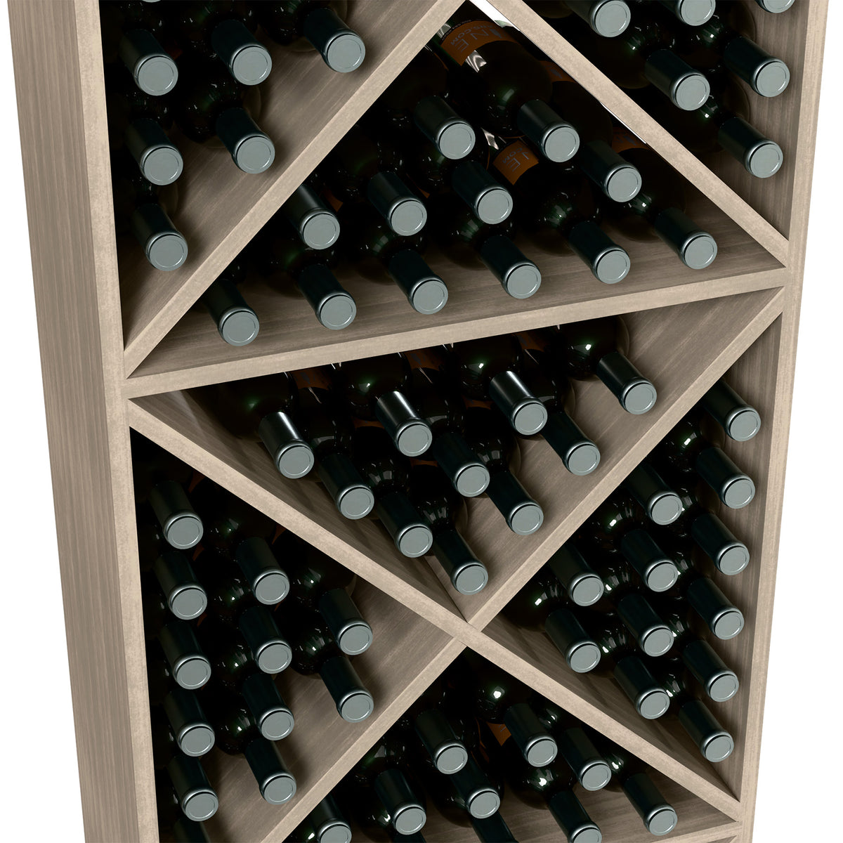 Close-up of wine bottle storage rack interior with crisscross shelves and dark bottles.