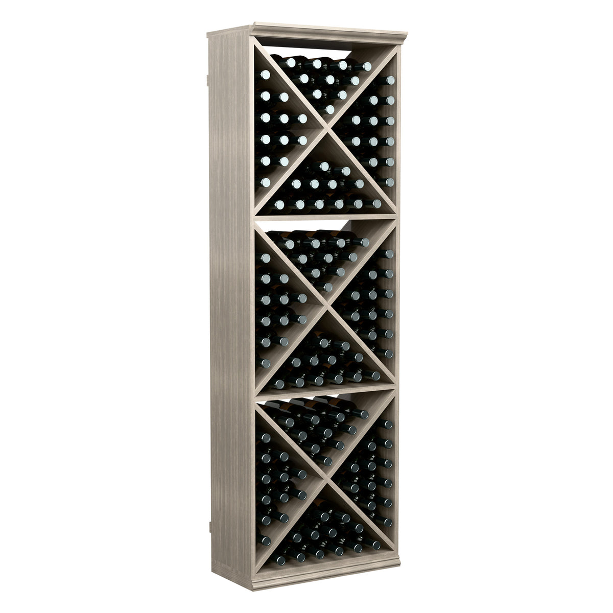 Wine bottle storage rack with crisscross dividers, filled with dark bottles; light gray finish.