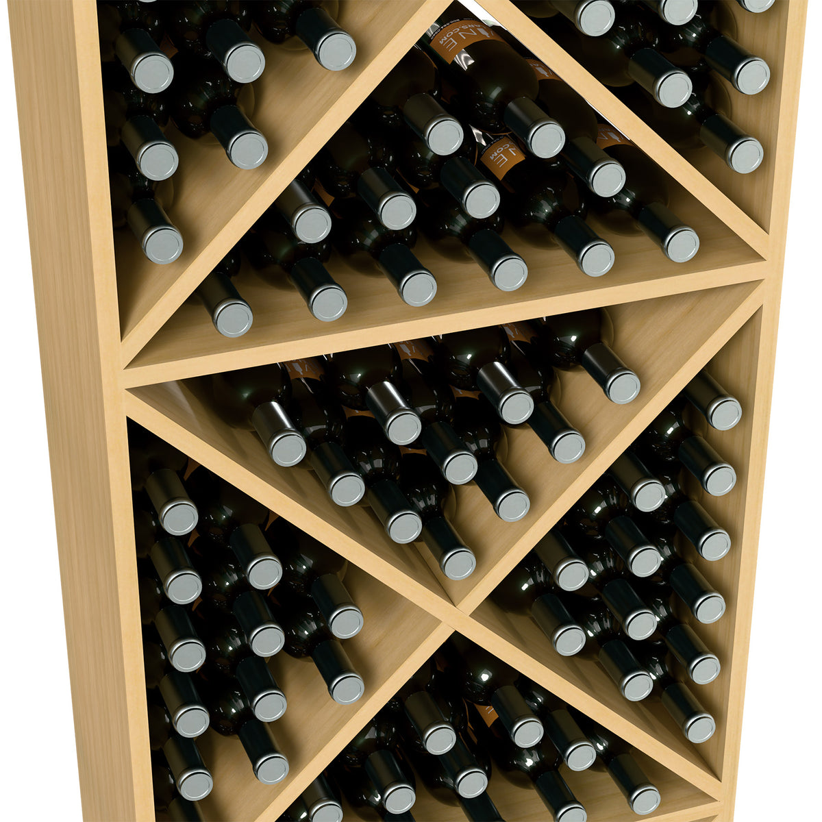 Close-up of wine bottle storage rack interior with crisscross shelves and dark bottles.
