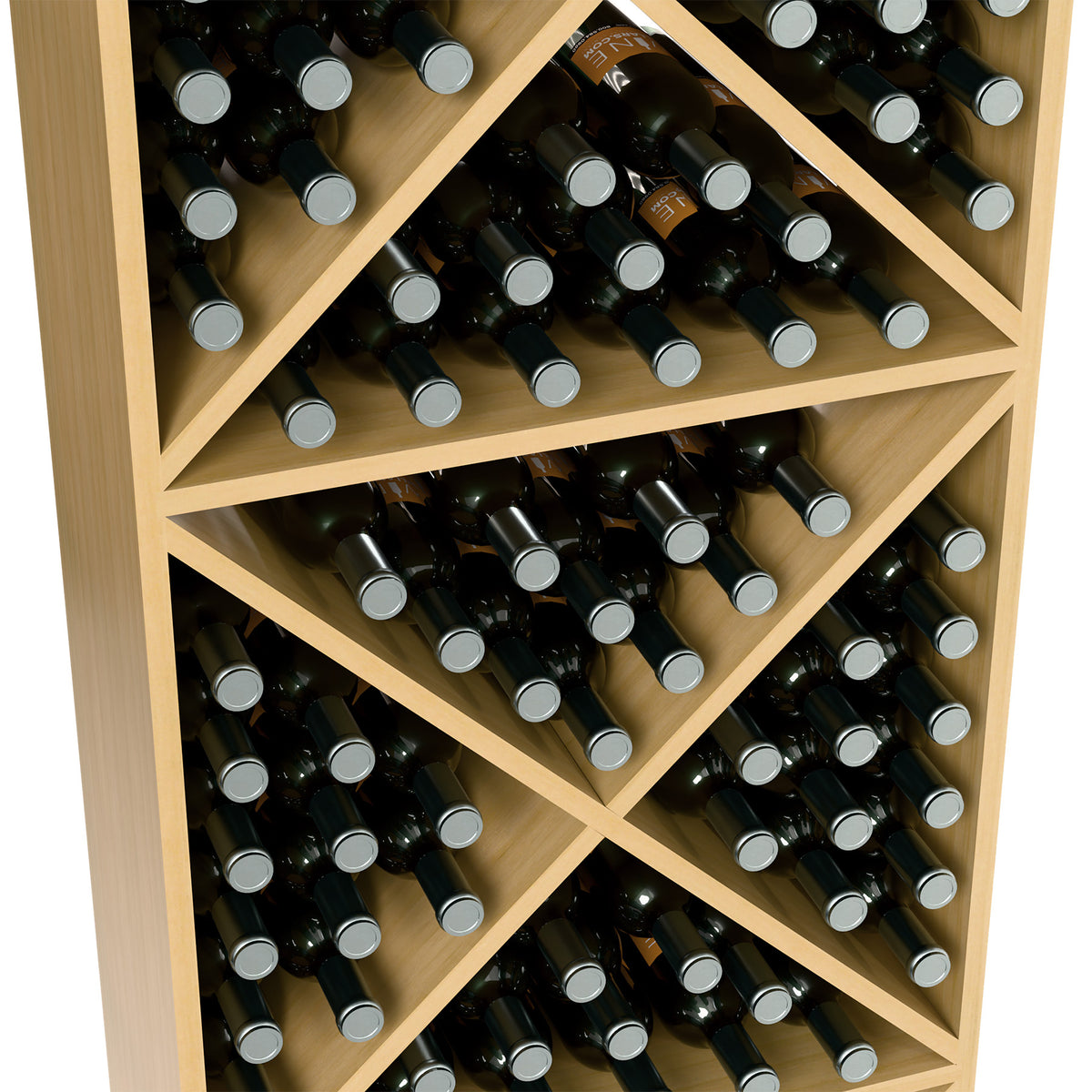 Interior view of wine bottle storage rack showing crisscross compartments with dark bottles.