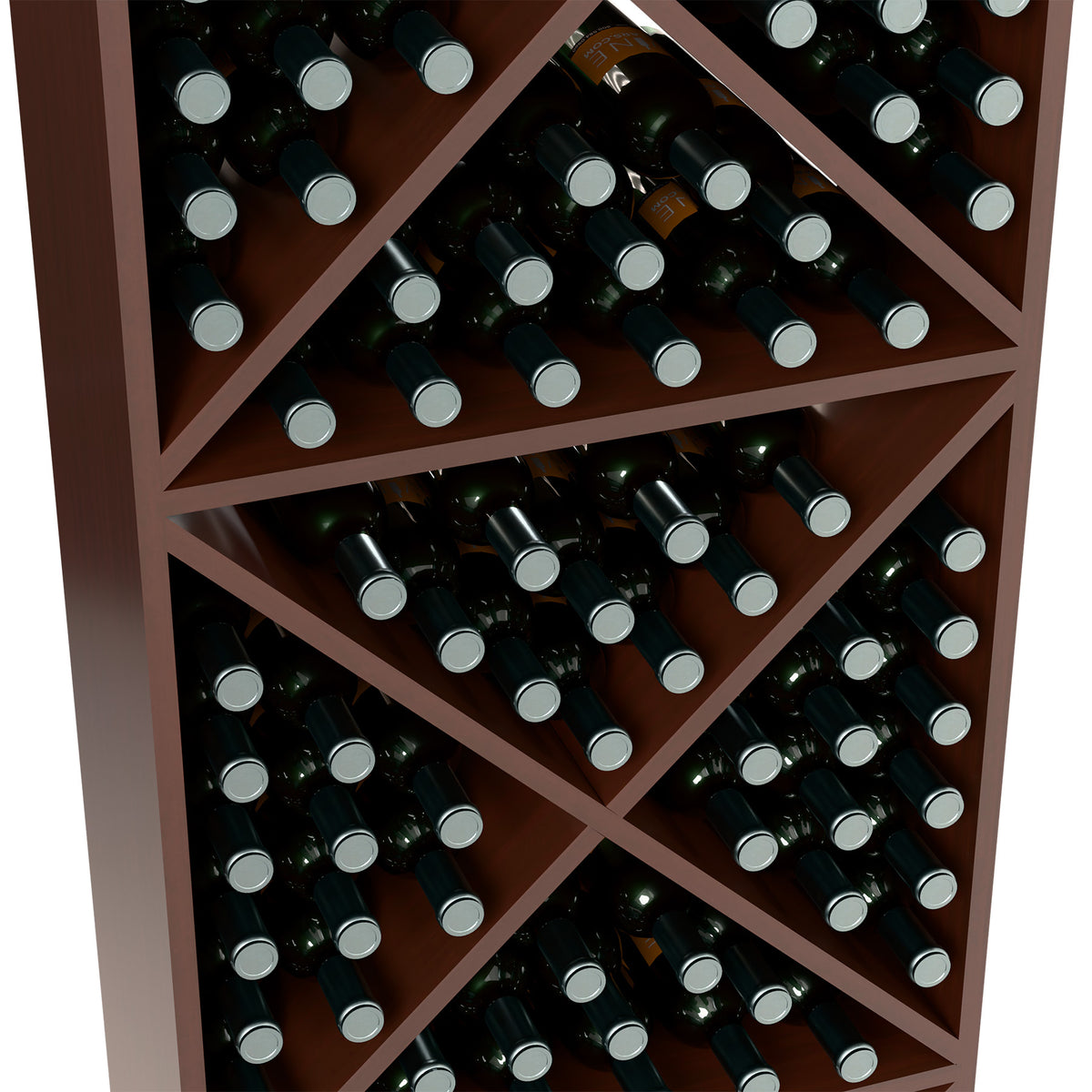 Dark wood wine bottle rack close-up with diagonal shelves filled with upright bottles