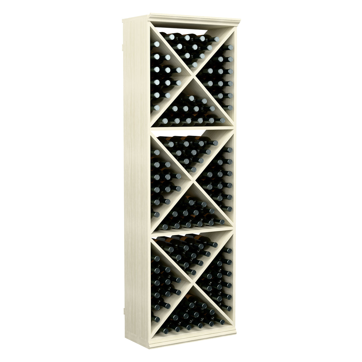 Whitewashed wine bottle storage rack with diagonal crisscross shelves, upright bottles