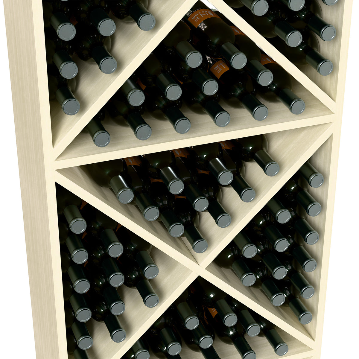 Whitewashed wine bottle rack close-up with diagonal shelves filled with upright bottles