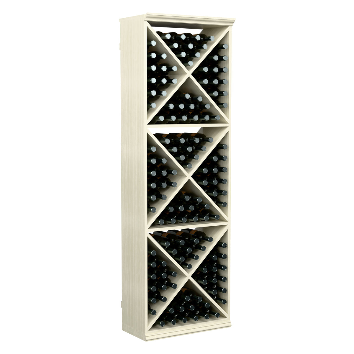 Whitewashed wine bottle storage rack with diagonal crisscross shelves and bottle slots