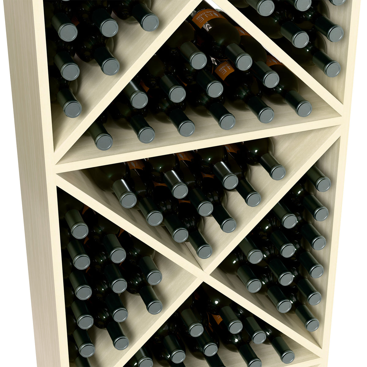 Whitewashed wine bottle rack close-up with diagonal shelves and upright bottles