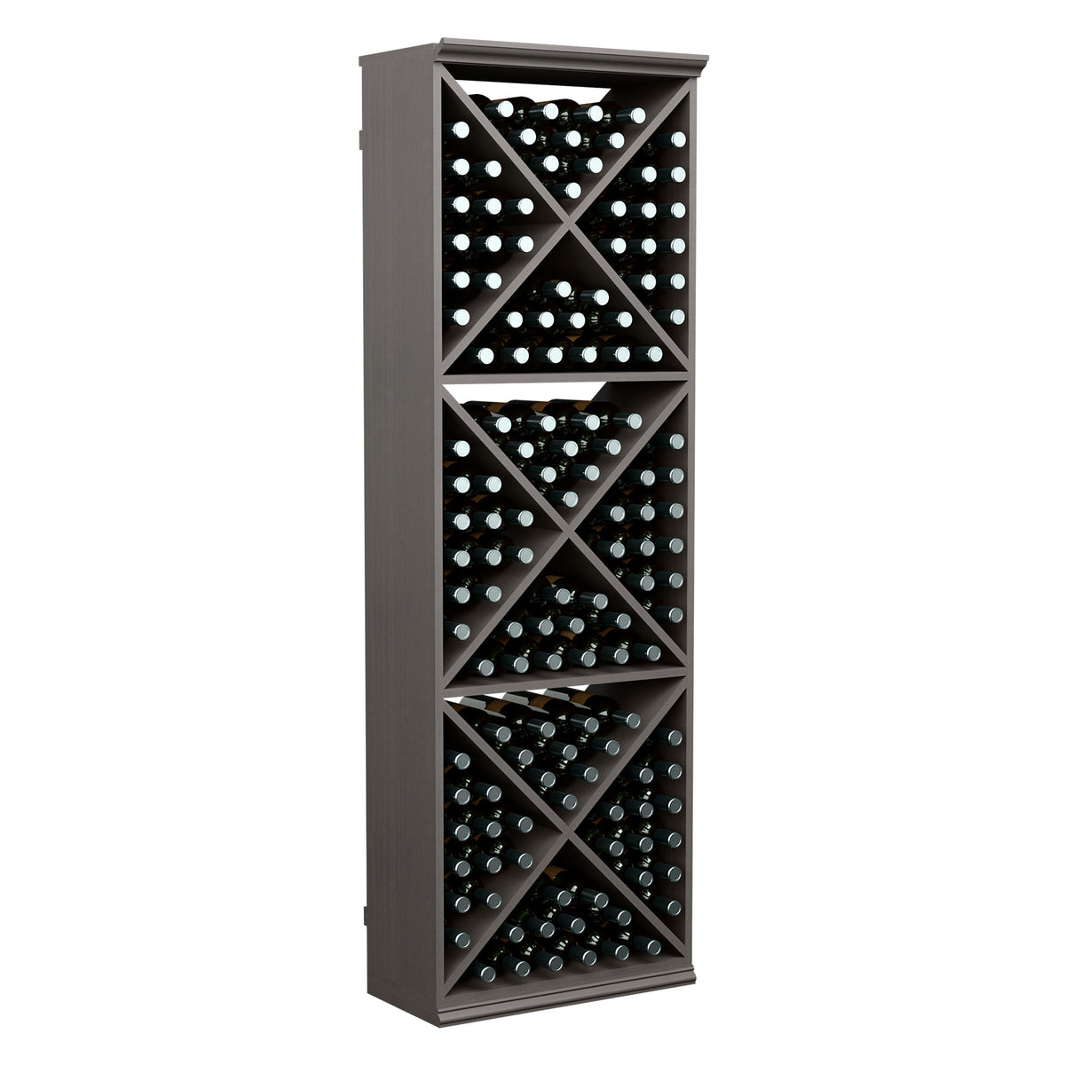 Dark wine bottle storage rack with crisscross dividers, bottles in front compartments