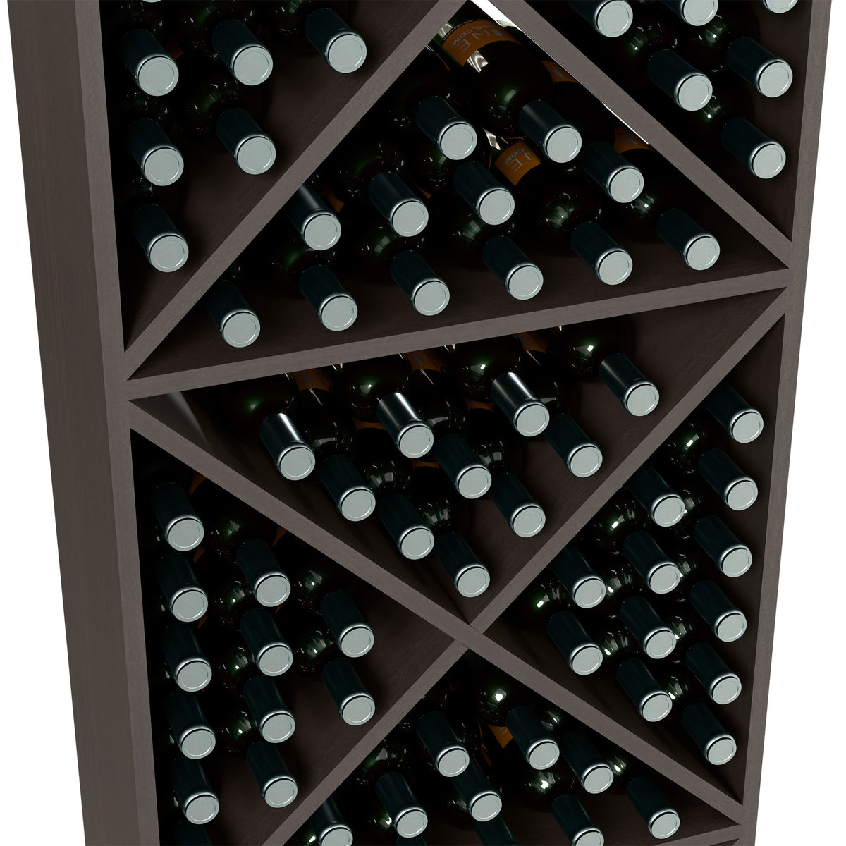 Dark wine bottle storage rack interior with crisscross slots holding many bottles
