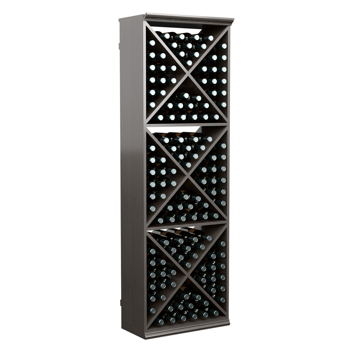 Dark wood wine bottle storage rack with crisscross rows, bottles visible throughout