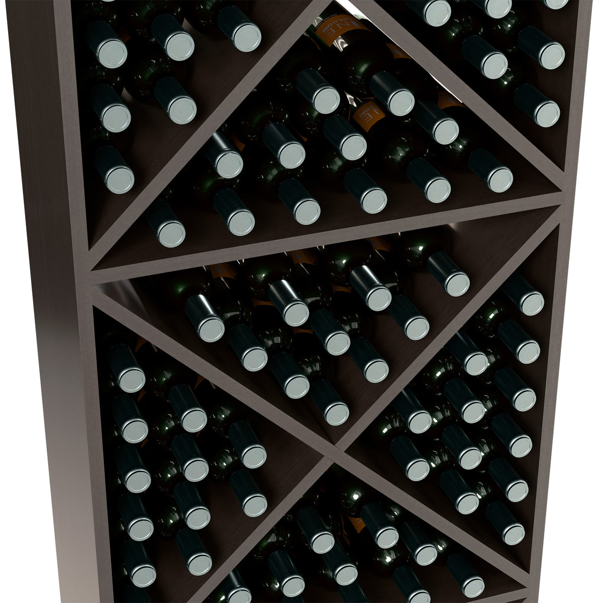 Dark wine rack interior close-up showing crisscross compartments with bottles