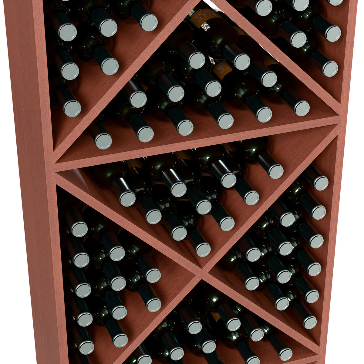 Red-brown wine bottle storage rack interior close-up with crisscross bottle slots