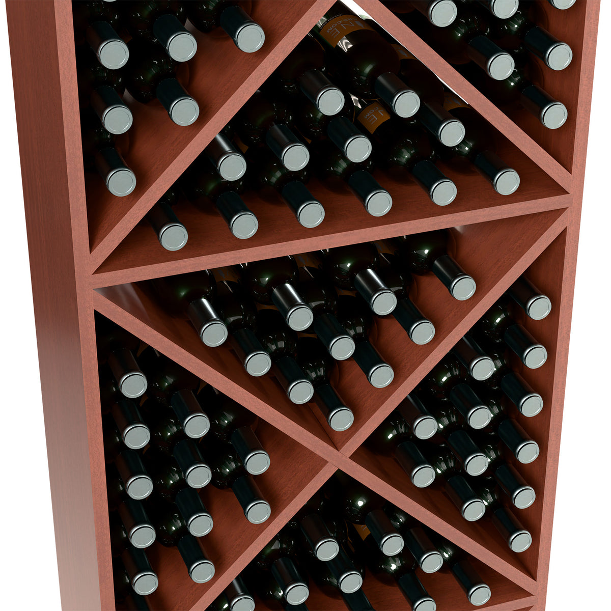 Red-brown wine rack interior close-up showing crisscross compartments with bottles